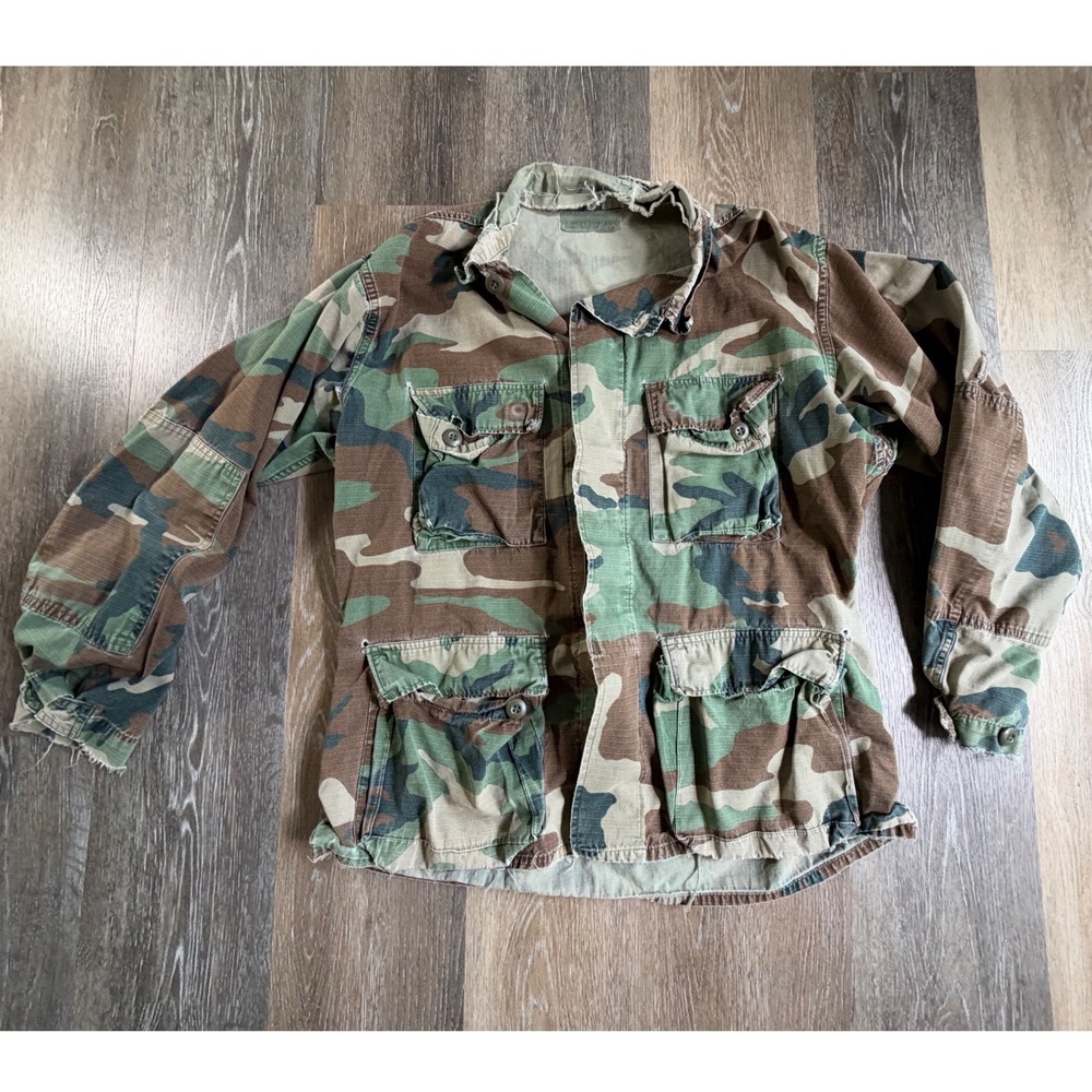 Military BDU Field Jacket Mens M Green Woodland Camo Distressed Ripstop Utility